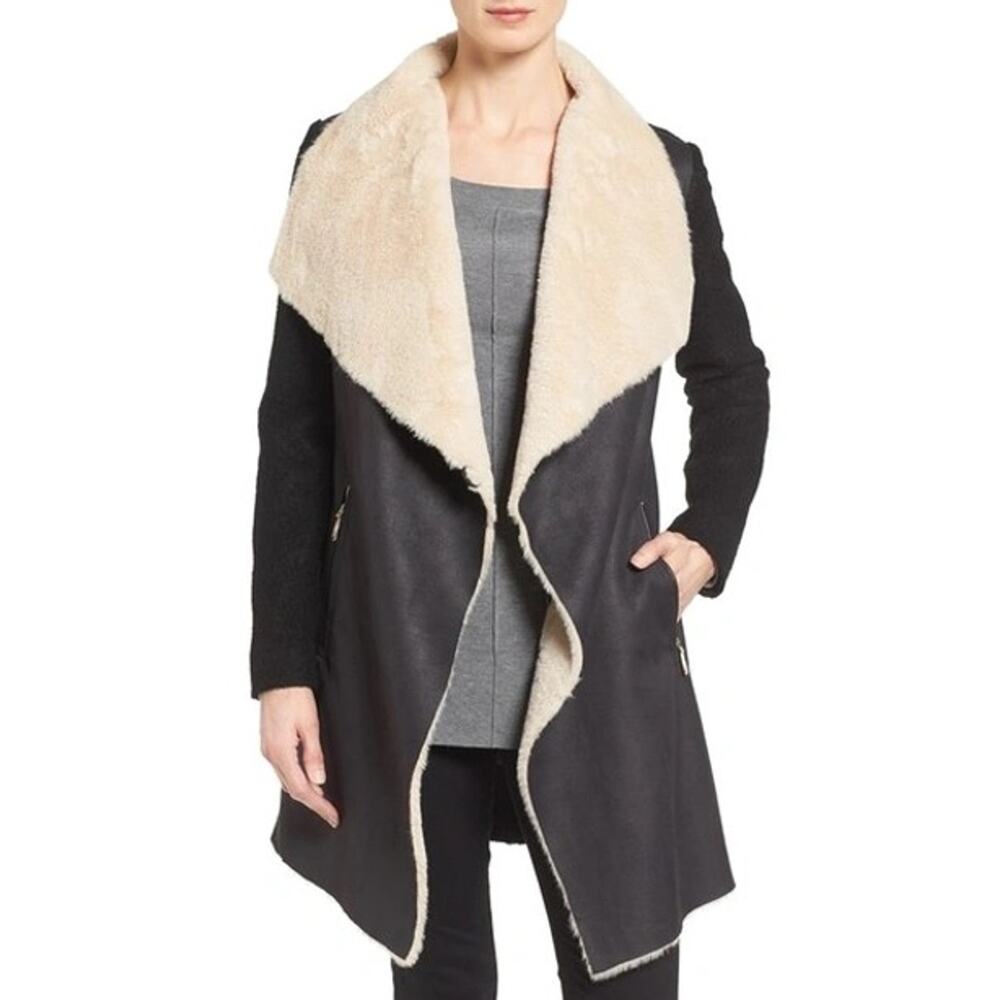 Calvin Klein Black Faux Fur Shearling Coat Size XL Draped Jacket Glam Plush Fall